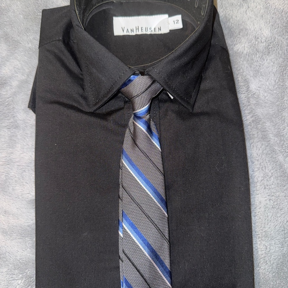 Boys Size 12 Van Heusen Black Dress Shirt with Blue-Striped Tie - NWT